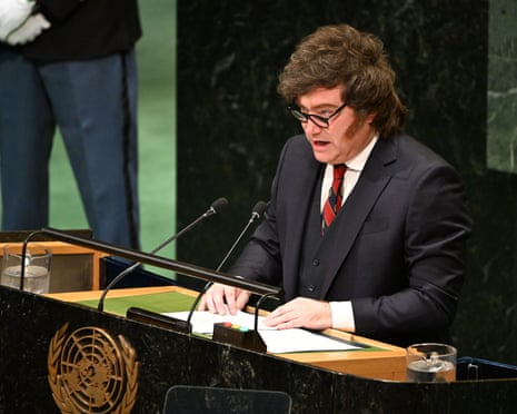 Argentina’s president, Javier Milei, standing at the UN podium speaking