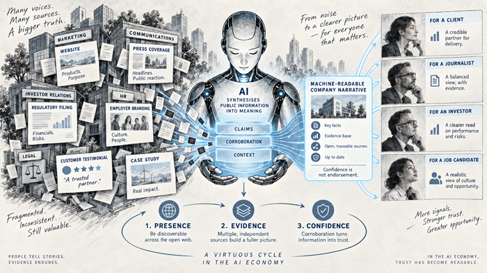 In the AI economy, trust is shaped by how consistently an organisation’s claims are supported across independent public sources. [Visual generated by AI]