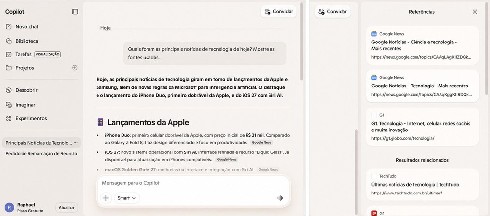 A ia da Miscrosoft buscou notícias recentes de tecnologia e mostrou as fontes usadas na resposta para consulta — Foto: Reprodução/Copilot