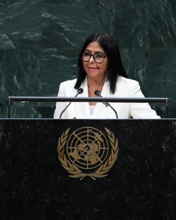 Delcy Rodríguez, acting president of Venezuela, addresses the 81st session of the United Nations General Assembly at UN headquarters Wednesday.